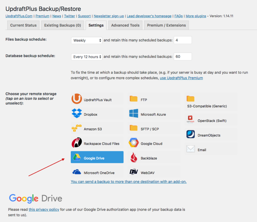 WordPress Dashboard: Settings > UpdraftPlus Backups > Settings Tab > Google Drive