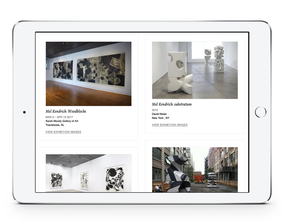 Mel Kendrick Exhibitions Page on tablet