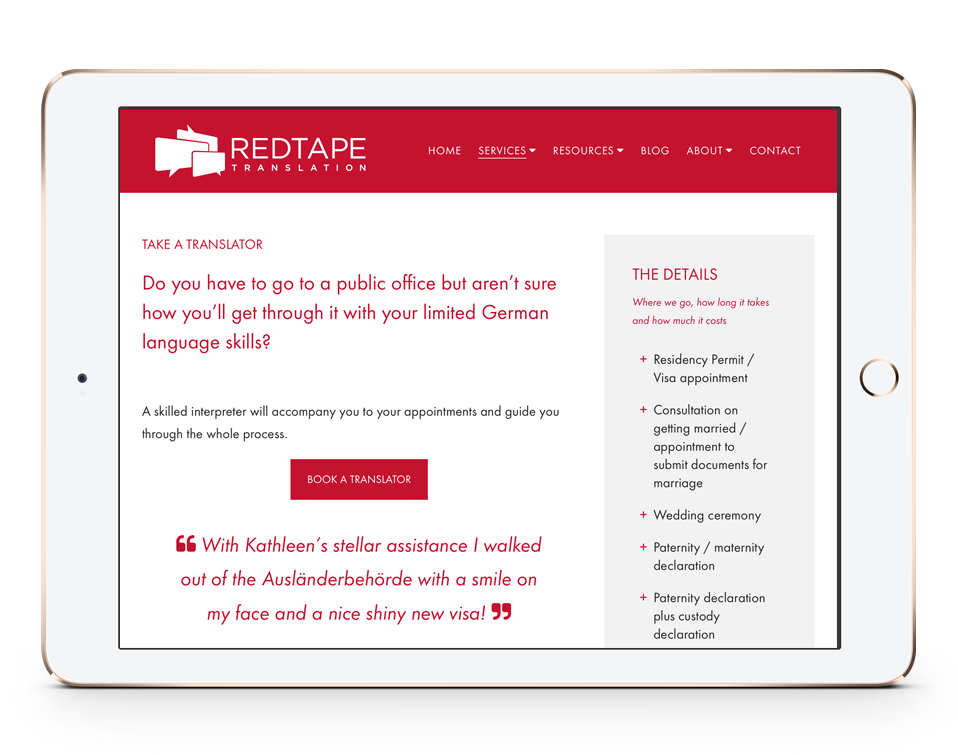 Red Tape Translation Service Page on tablet