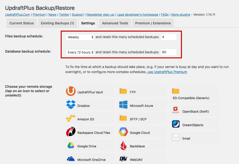 WordPress Dashboard: Settings > UpdraftPlus Backups > Settings Tab > Backup Schedule
