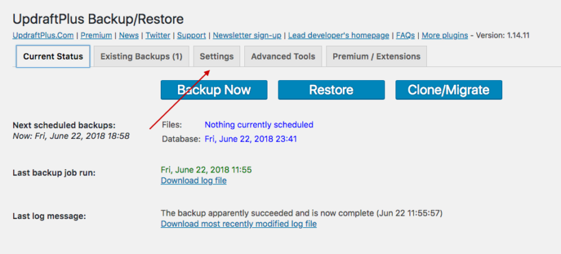 WordPress Dashboard: Settings > UpdraftPlus Backups > Settings Tab