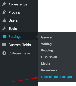 WordPress Dashboard: Settings > UpdraftPlus Backups